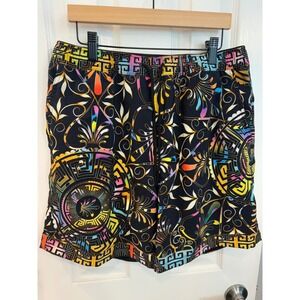 Johnny Was Swim Trunks Black Multi Color Geometric Floral Board Shorts‎ Mens